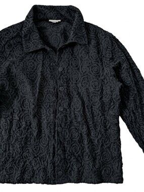 Vintage Textured Black Floral Embroidery Button-Down Jacquard Shirt